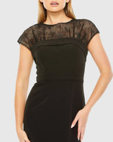 Black Sheer Lace Illusion Crepe Midi Dress